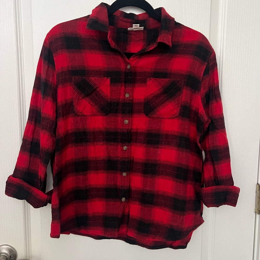 a.n.a Red and Black Plaid Button Down Shirt